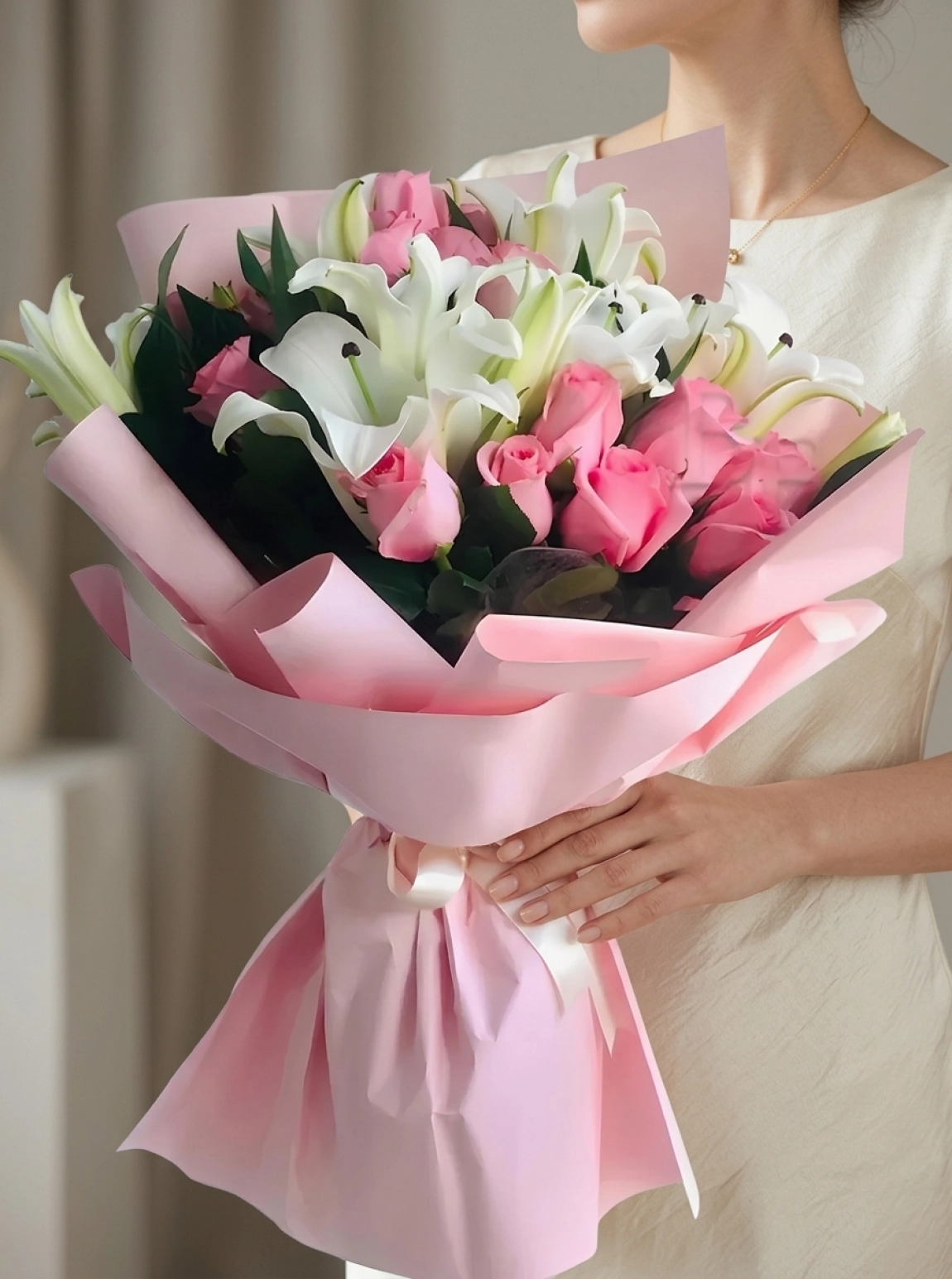 Lilyum ve Pembe Gül Buketi