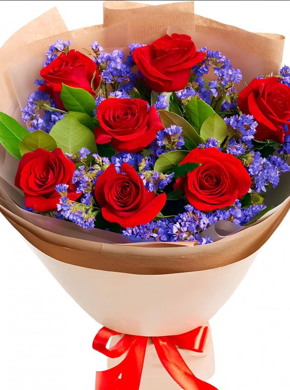 7 Adet Gül Ve Mor Çiçek Buketi