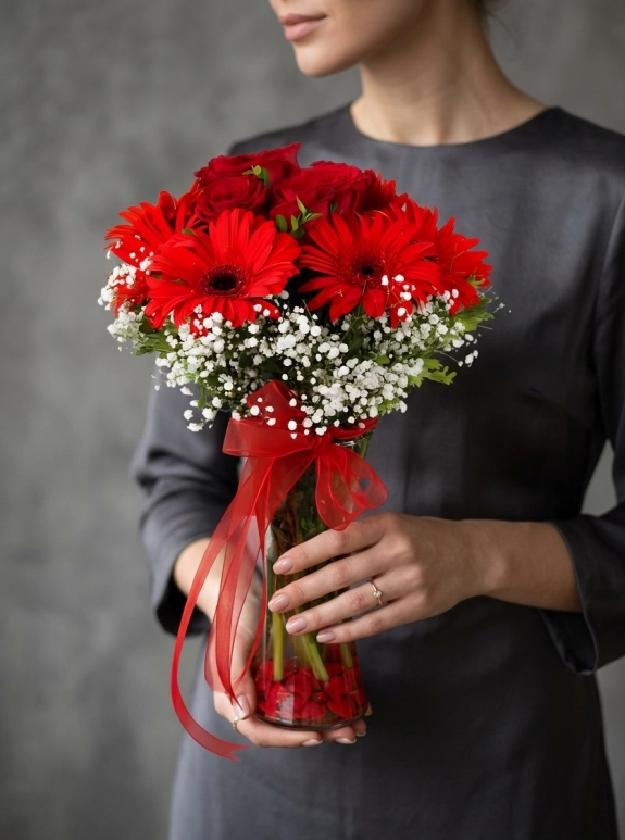 Vazoda Kırmızı Gerbera ve Güller